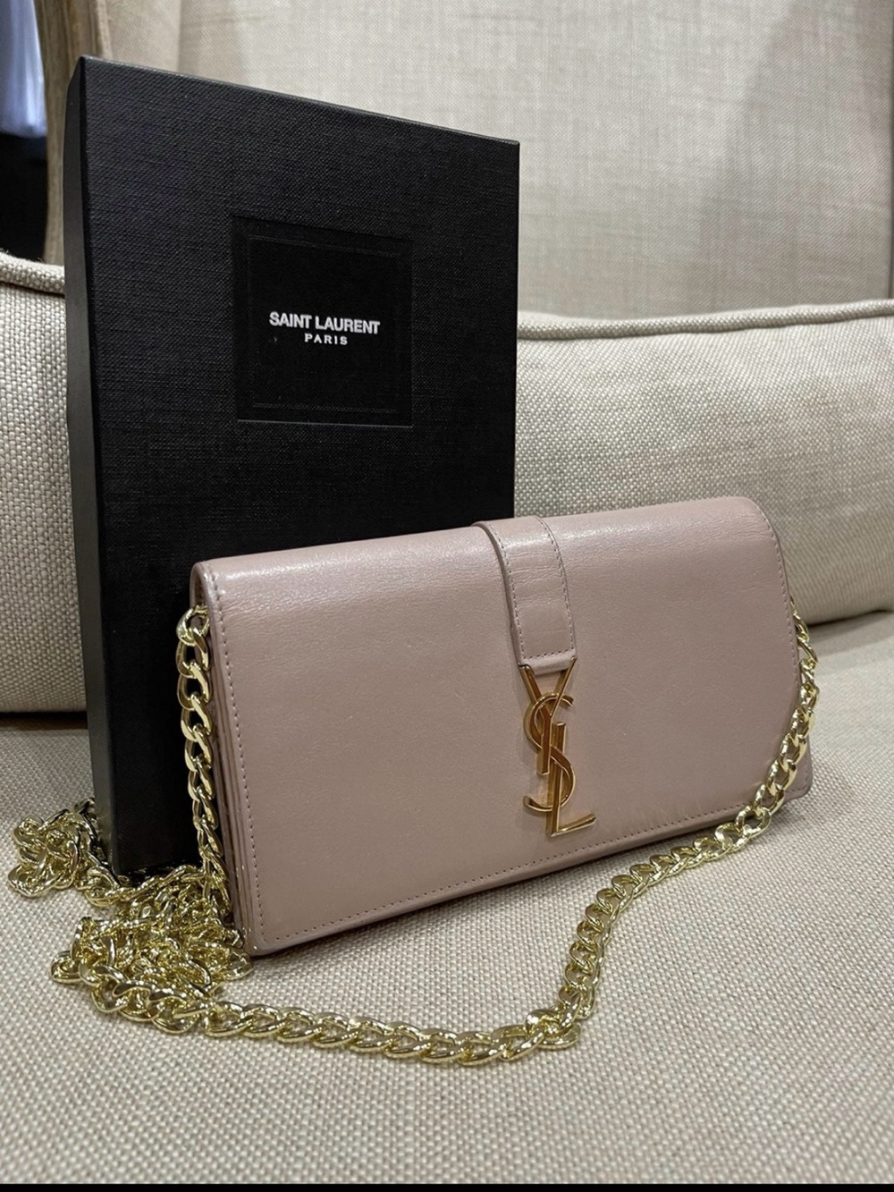 Saint Laurent Pink Leather Monogram Chain Wallet with Gold Hardware